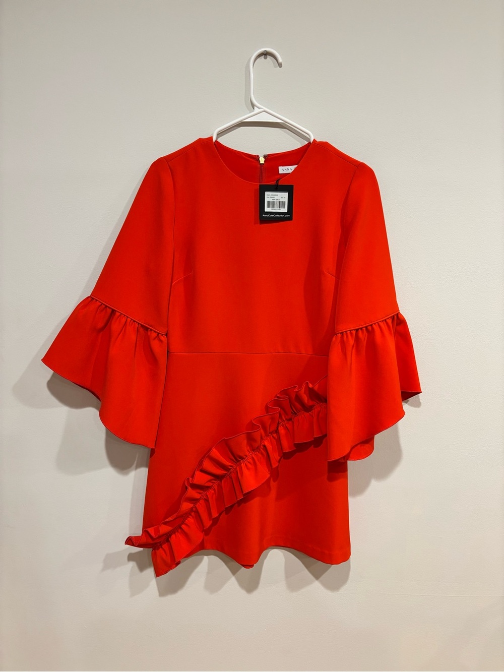 Bright Red Ruffle-Accent Mini Dress with Bell Sleeves